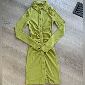 Stradivarius Green Collared Button Down Stretchy Cinched Dress